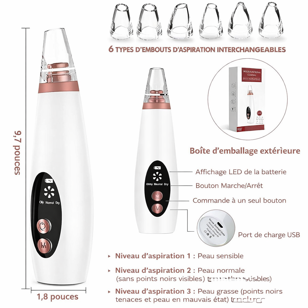 Blackhead Remover Vacuum Technical Diagram 6 Heads 3 Suction Levels USB Dimensions - Beauty by Ouria | Aspirateur Schéma Technique 6 Embouts 3 Niveaux Aspiration USB