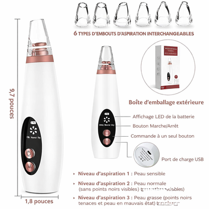 Blackhead Remover Vacuum Technical Diagram 6 Heads 3 Suction Levels USB Dimensions - Beauty by Ouria | Aspirateur Schéma Technique 6 Embouts 3 Niveaux Aspiration USB