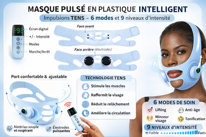 V-Line Face Lifting Mask TENS 6 Modes 9 Intensity Levels Infographic - Beauty by Ouria | 6 Modes 9 Niveaux Intensité Infographie