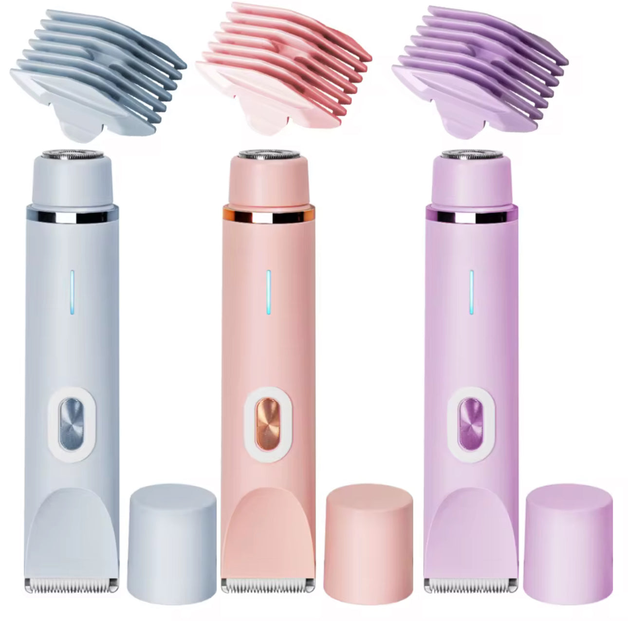 Women Dual Head Electric Shaver 3 Colors Blue Pink Purple Comb Attachments - Beauty by Ouria | Rasoir Électrique Féminin 3 Couleurs Bleu Rose Violet Peigne