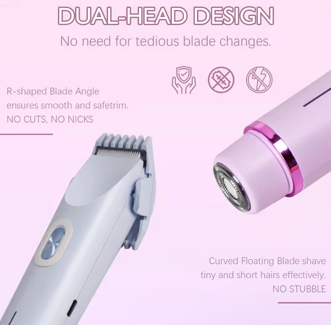 Women Dual Head Electric Shaver R-Blade No Cuts No Nicks Safe Trim Design - Beauty by Ouria | Rasoir Double Tête Lame-R Sans Coupure Rasage Sécurisé