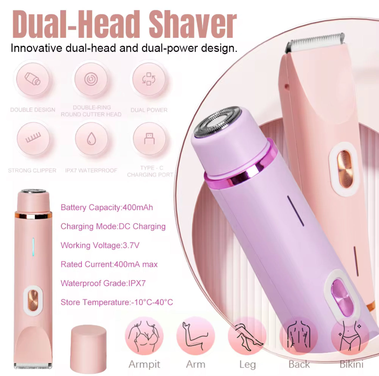 Women Dual Head Electric Shaver IPX7 Waterproof Body Areas Specs 400mAh - Beauty by Ouria | Rasoir Étanche IPX7 Zones Corps Aisselles Jambes Bikini