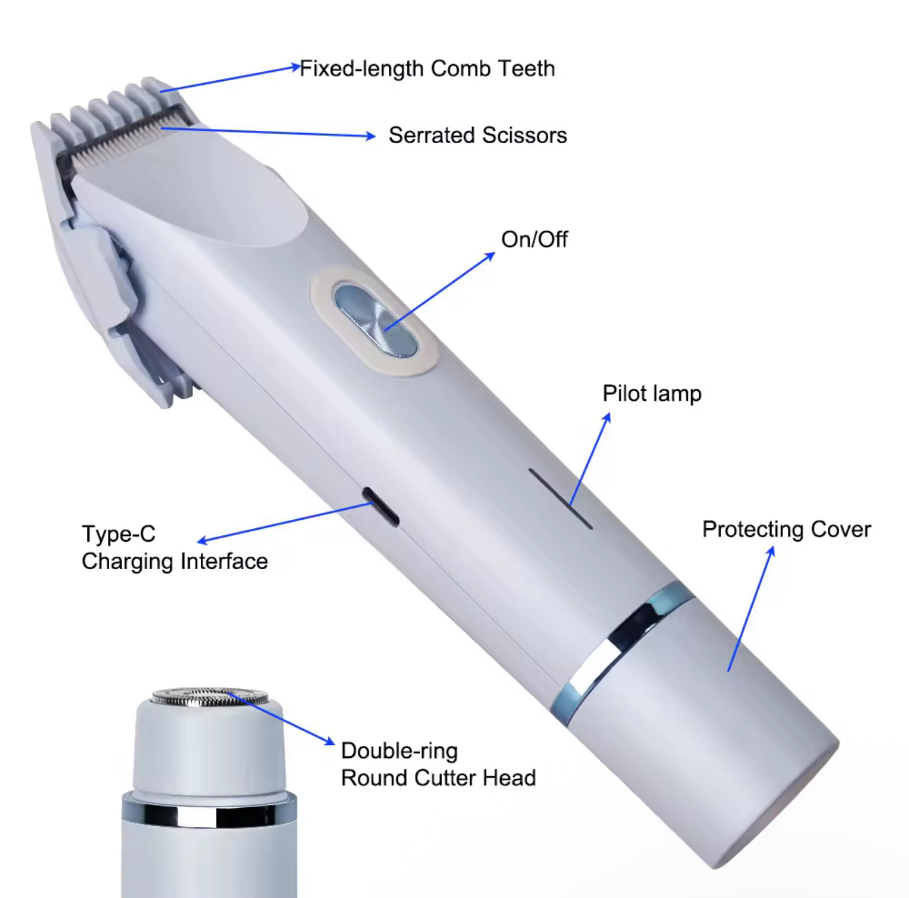 Women Dual Head Electric Shaver Technical Diagram Type-C Comb Teeth Parts - Beauty by Ouria | Rasoir Schéma Technique Interface Type-C Dents Peigne Pièces